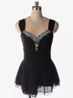 Robe de patinage artistique bleu clair à encolure perlée en polyester pour femmes et filles.