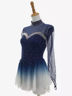 Robe de patinage artistique bleu foncé ombré à manches longues en résille strassée tenue de compétition pour filles et femmes