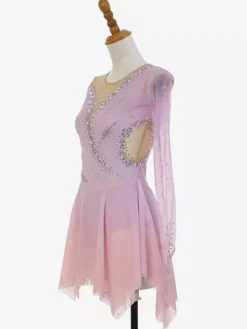 Robe de patinage artistique rose pailletée à strass manches longues costume de patinage pour tous les âges