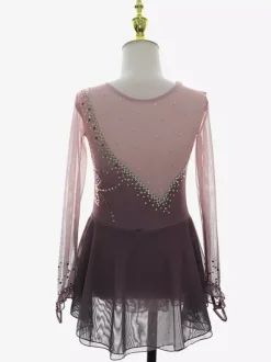 Robe de patinage artistique rose poudré en résille strass tenue de compétition pour filles et femmes