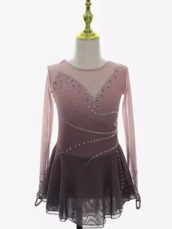 Robe de patinage artistique rose poudré en résille strass tenue de compétition pour filles et femmes
