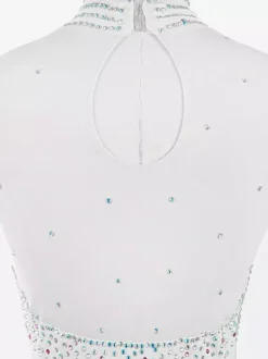 Robe de patinage blanche à col montant en forme de c艙ur ornée de perles et manches longues pour femmes et filles