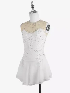 Robe de patinage blanche sans manches ornée de perles pour femmes et filles