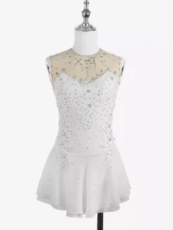 Robe de patinage blanche sans manches ornée de perles pour femmes et filles