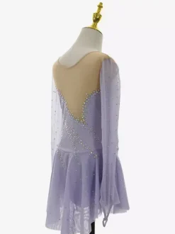 Robe de patinage lavande élégante à manches longues ornée de perles pour femmes et filles