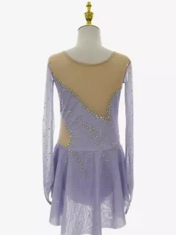 Robe de patinage lavande élégante à manches longues ornée de perles pour femmes et filles