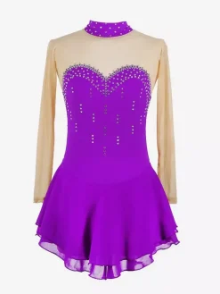 Robe de patinage violette à décolleté c艙ur et strass manches longues couleur chair pour femmes et filles