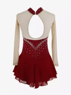 Robe de patinage violette à décolleté c艙ur et strass manches longues couleur chair pour femmes et filles