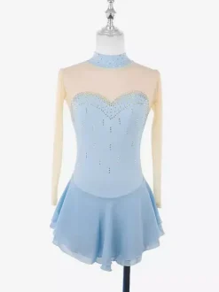Robe de patinage violette à décolleté c艙ur et strass manches longues couleur chair pour femmes et filles