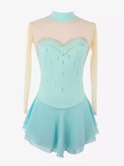Robe de patinage violette à décolleté c艙ur et strass manches longues couleur chair pour femmes et filles