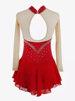 Robe de patinage violette à décolleté c艙ur et strass manches longues couleur chair pour femmes et filles