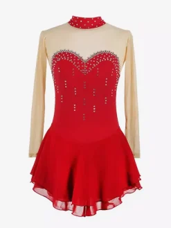 Robe de patinage violette à décolleté c艙ur et strass manches longues couleur chair pour femmes et filles