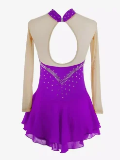 Robe de patinage violette à décolleté c艙ur et strass manches longues couleur chair pour femmes et filles
