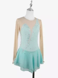 Robe de patineuse jaune pour femme/fille manches longues couleur chair ornée de strass.