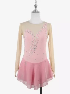 Robe de patineuse jaune pour femme/fille manches longues couleur chair ornée de strass.