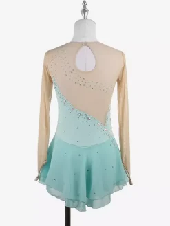 Robe de patineuse jaune pour femme/fille manches longues couleur chair ornée de strass.