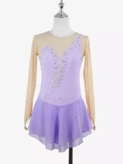 Robe de patineuse jaune pour femme/fille manches longues couleur chair ornée de strass.