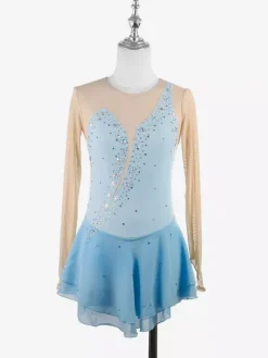 Robe de patineuse jaune pour femme/fille manches longues couleur chair ornée de strass.