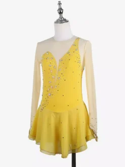 Robe de patineuse jaune pour femme/fille manches longues couleur chair ornée de strass.