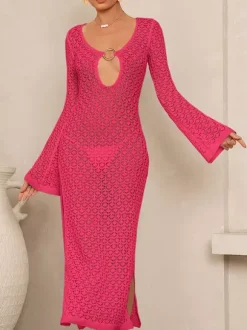 Robe de plage maxi en maille ajourée à col V découpé manches évasées et fente latérale