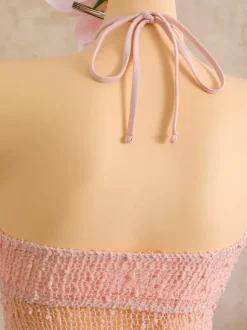 Robe de plage midi dos nu à boutons soleil en maille ajourée transparente