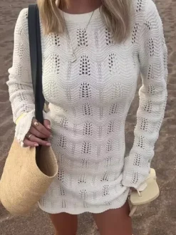 Robe de plage mini en maille crochet pour femme - Robe moulante blanche ajourée à manches longues - Vacances d'été à la plage 2026