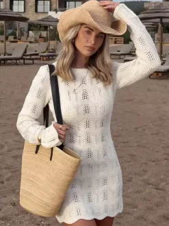 Robe de plage mini en maille crochet pour femme - Robe moulante blanche ajourée à manches longues - Vacances d'été à la plage 2026