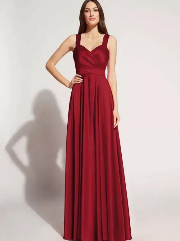 Robe de soirée A-ligne décolleté en c艙ur longueur au sol sans manches fermeture éclair ceinture élastique soie comme le satin robes de soirée sociale personnalisation gratuite