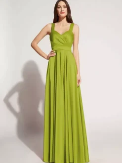 Robe de soirée A-ligne décolleté en c艙ur longueur au sol sans manches fermeture éclair ceinture élastique soie comme le satin robes de soirée sociale personnalisation gratuite