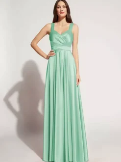 Robe de soirée A-ligne décolleté en c艙ur longueur au sol sans manches fermeture éclair ceinture élastique soie comme le satin robes de soirée sociale personnalisation gratuite