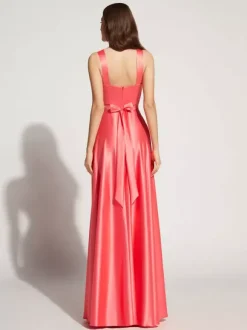 Robe de soirée A-ligne décolleté en c艙ur longueur au sol sans manches fermeture éclair ceinture élastique soie comme le satin robes de soirée sociale personnalisation gratuite