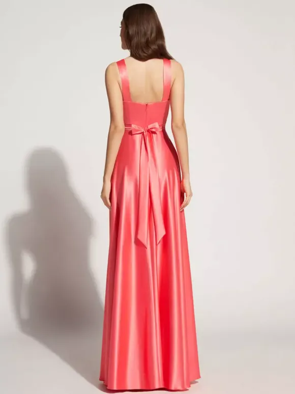 Robe de soirée A-ligne décolleté en c艙ur longueur au sol sans manches fermeture éclair ceinture élastique soie comme le satin robes de soirée sociale personnalisation gratuite