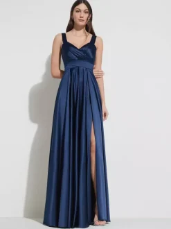Robe de soirée A-ligne décolleté en c艙ur longueur au sol sans manches fermeture éclair ceinture élastique soie comme le satin robes de soirée sociale personnalisation gratuite
