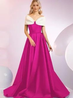 Robe de soirée A-Line Décolleté Balayage Manches courtes Fermeture éclair N艙uds Tissu satiné Robes de dîner formelles