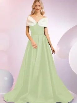 Robe de soirée A-Line Décolleté Balayage Manches courtes Fermeture éclair N艙uds Tissu satiné Robes de dîner formelles