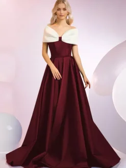 Robe de soirée A-Line Décolleté Balayage Manches courtes Fermeture éclair N艙uds Tissu satiné Robes de dîner formelles