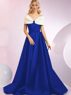 Robe de soirée A-Line Décolleté Balayage Manches courtes Fermeture éclair N艙uds Tissu satiné Robes de dîner formelles
