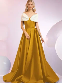 Robe de soirée A-Line Décolleté Balayage Manches courtes Fermeture éclair N艙uds Tissu satiné Robes de dîner formelles
