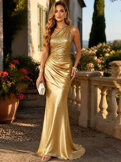 Robe de soirée asymétrique en satin à sequins robe sirène maxi taille froncée longueur au sol robe de bal formelle