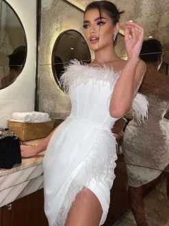 Robe de soirée blanche bustier plissée sans manches robe sexy