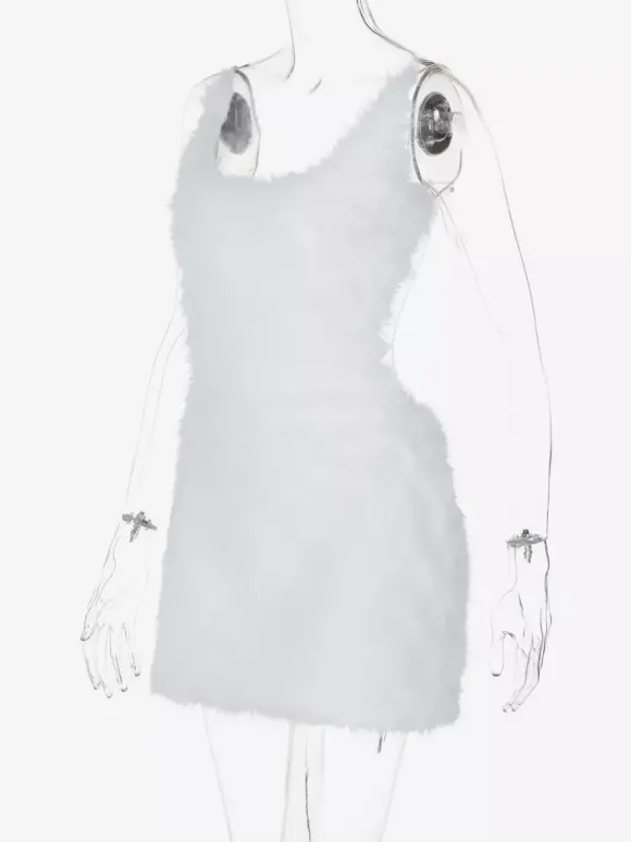 Robe de soirée blanche en polyester sans manches à bretelles et col montant