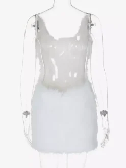 Robe de soirée blanche en polyester sans manches à bretelles et col montant
