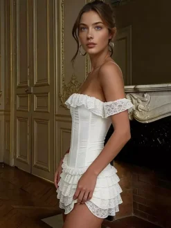 Robe de soirée blanche en polyester sans manches et bustier mini robe d'été