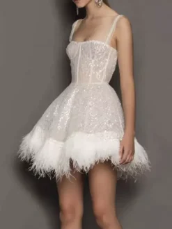 Robe de soirée blanche à sequins épaules dénudées sans manches et dos nu sexy