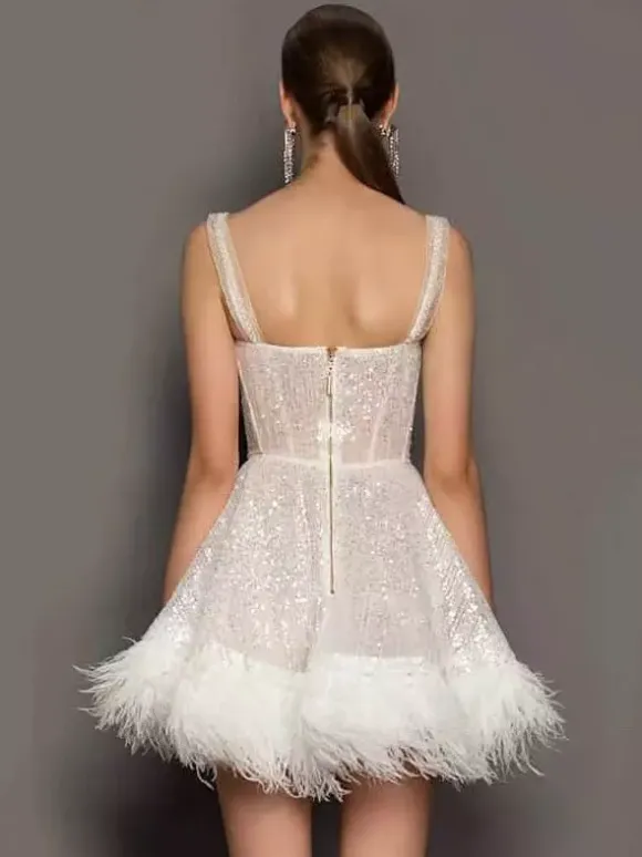 Robe de soirée blanche à sequins épaules dénudées sans manches et dos nu sexy