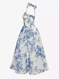 Robe De Soirée Bleu Ciel Clair Bretelles N艙uds Col En C艙ur Robe Semi-Formelle Mi-Longue