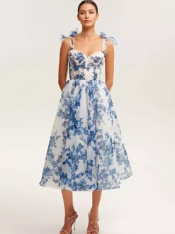 Robe De Soirée Bleu Ciel Clair Bretelles N艙uds Col En C艙ur Robe Semi-Formelle Mi-Longue