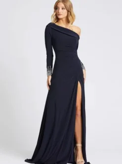 Robe de soirée bleu marine profonde une épaule avec train manches longues Criss-Cross Lycra Spandex gaine robes de soirée sociale
