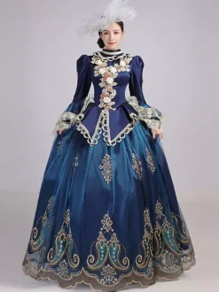 Robe De Soirée Bleu Rétro Costumes Femmes Dentelle Fleurs Polyester Marie Antoinette Déguisement Tunique Robe Euro-style Fête Robe De Bal