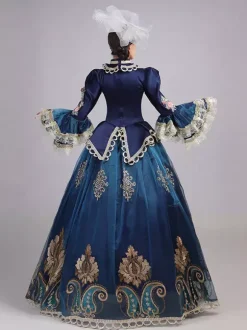 Robe De Soirée Bleu Rétro Costumes Femmes Dentelle Fleurs Polyester Marie Antoinette Déguisement Tunique Robe Euro-style Fête Robe De Bal